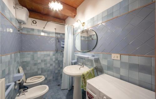 Badia TedaldaIl Fienile的蓝色瓷砖浴室设有水槽和镜子
