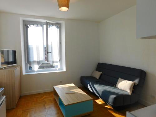 圣艾尼昂Appartement situé en centre ville de Saint Aignan的客厅配有黑色沙发和窗户