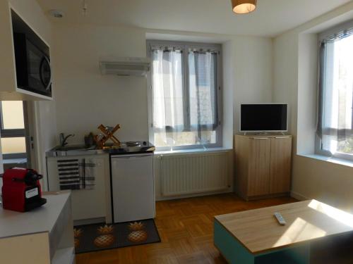 圣艾尼昂Appartement situé en centre ville de Saint Aignan的客厅设有厨房、电视和桌子