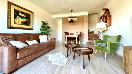 阿尔比尔Albirelax的客厅配有棕色沙发和绿色椅子