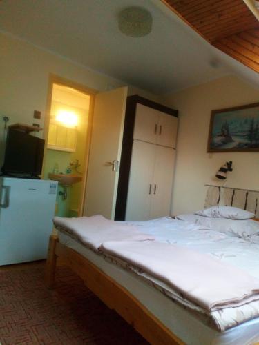 埃格尔阿格里亚文德哈兹酒店的卧室配有白色的床和冰箱。