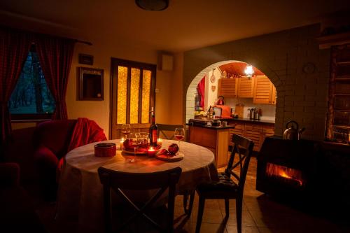 贝拉茨尔克瓦Ladybird Lodge的一间带桌子的客厅和一个带壁炉的厨房