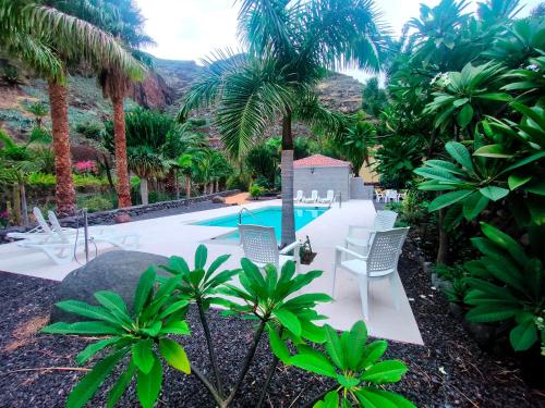 戈梅拉岛圣塞瓦斯蒂安Haciendita Gomera的一个带椅子的游泳池,棕榈树