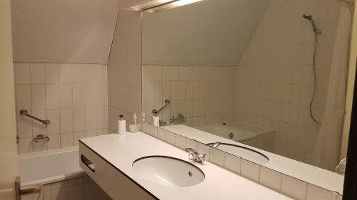 温斯霍滕City Hotel Winschoten的一间带水槽、浴缸和镜子的浴室