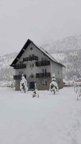 瓦勒博内Guesthouse Drinos Valbone的雪中一座大建筑,有雪覆盖的树木