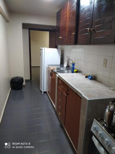 埃斯特城Amplio y cómodo apartamento con bella vista en pleno centro的厨房配有木制橱柜和白色冰箱。