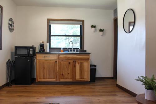 拉皮德城Cabin 5 at Horse Creek Resort的厨房设有水槽和窗户。