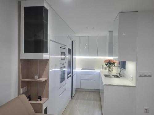 加的斯Casa Viento de Levante的白色的厨房配有水槽和冰箱