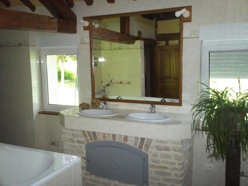 DoschesChambre d'Hôtes des P'tits Bonheurs的一间带两个盥洗盆和大镜子的浴室