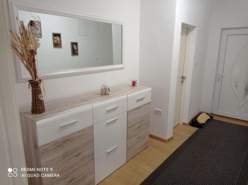 比哈奇DALMAR Apartman的一间带大镜子的梳妆台的浴室