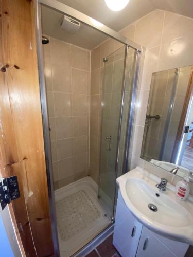 戈尔韦Connemara Chalet的带淋浴和盥洗盆的浴室