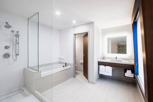 萨斯卡通萨斯卡通智选假日套房酒店的一间带玻璃淋浴和水槽的浴室