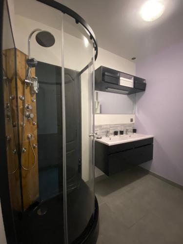 加普Gîtes de Chauvet的一间带玻璃淋浴和水槽的浴室