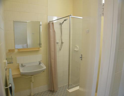WinkieGlossop Motel的浴室配有盥洗盆和带镜子的淋浴