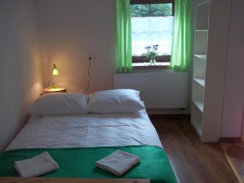 Bolen博乐纽庄园农家乐的一间卧室配有一张带绿色窗帘的床和窗户。