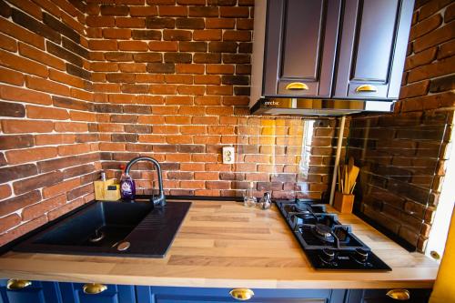 雅西Smart Palas Apartament的厨房设有水槽和砖墙