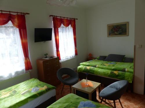 利波瓦拉尼Villa Plischke的一间卧室配有两张床和一张桌子及椅子