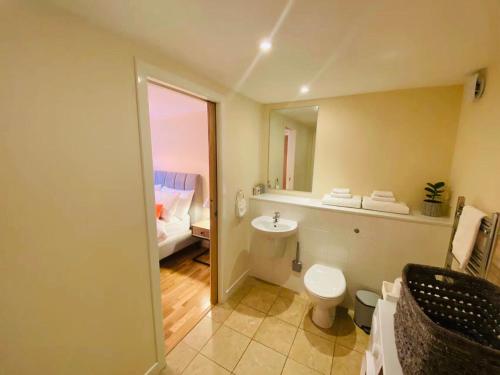 爱丁堡2 Bed 2 bath with Private Parking的浴室配有白色卫生间和盥洗盆。