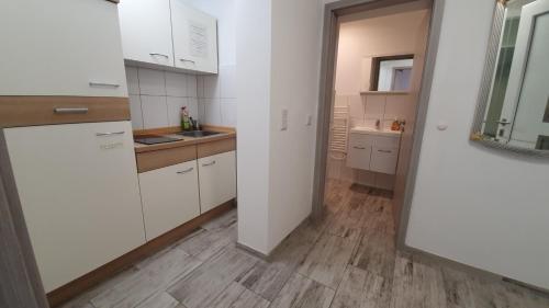 多瑙河畔诺伊堡Neuburg Center Appartments的厨房铺有木地板,配有白色橱柜。