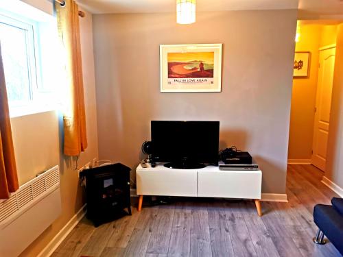 滕比Sunflower Apartment, Family accommodation Near Tenby in Pembrokeshire的一间客厅,在白色的橱柜上配有电视