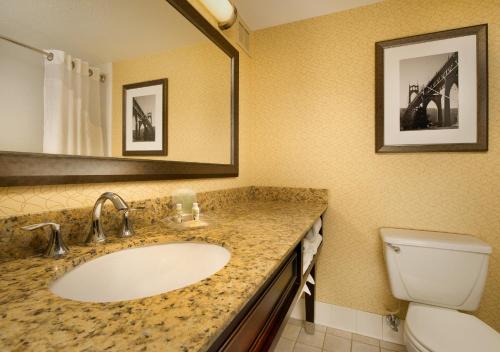波特兰波特兰机场假日酒店I-205的一间带水槽、卫生间和镜子的浴室