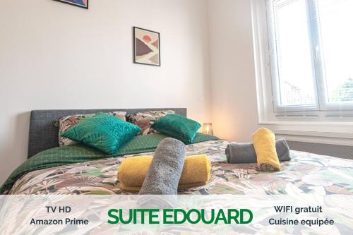 康布雷KASA Suite - Studio tout équipé et Cosy的一间卧室配有带枕头的床
