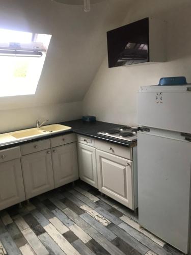 NandyCHAMBRE Cosy的厨房配有白色橱柜、水槽和冰箱。
