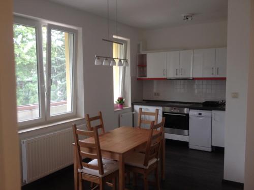 布达佩斯普拉坦公寓的厨房配有木桌和椅子