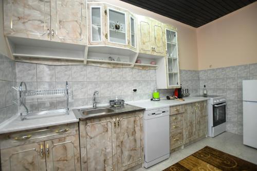 克拉多沃Apartman Pejović的厨房配有木制橱柜和白色冰箱。