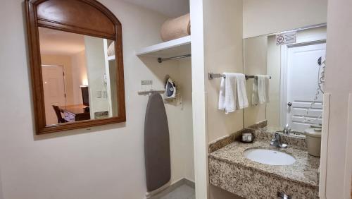 蒙克洛瓦Hotel Las Misiones的一间带水槽和镜子的浴室