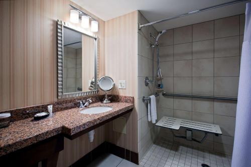 沃瓦托萨Sonesta Milwaukee West Wauwatosa的一间带水槽、镜子和淋浴的浴室
