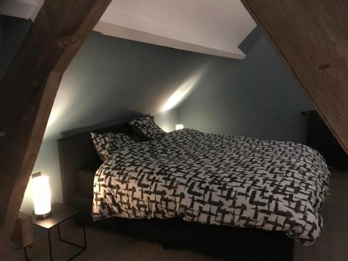 ThoricourtLa grange de thoricourt的一间位于阁楼的卧室,配有一张床和两盏灯。
