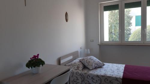 塞尔瓦迪法萨诺Trullo dell'Immacolata - Casa vacanze gestita da suore的一间卧室配有一张床、一张书桌和一个窗户。