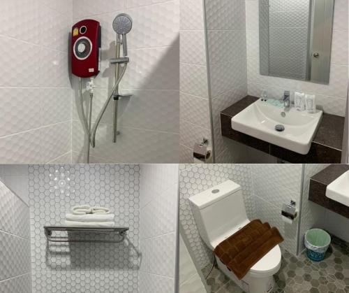 乌汶ทริปเปอร์ โฮเทล的浴室的两张照片,配有卫生间和水槽