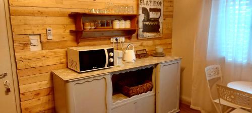 兹奇隆亚科夫Zimeroni的厨房的台面上有一个微波炉