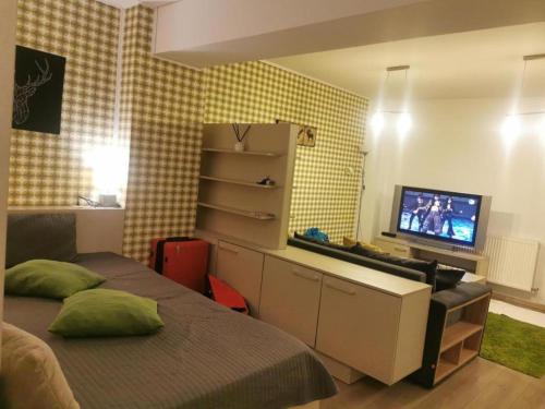 锡纳亚Apartament Aosta Central Sinaia的一间卧室配有一张带书桌和电视的床。