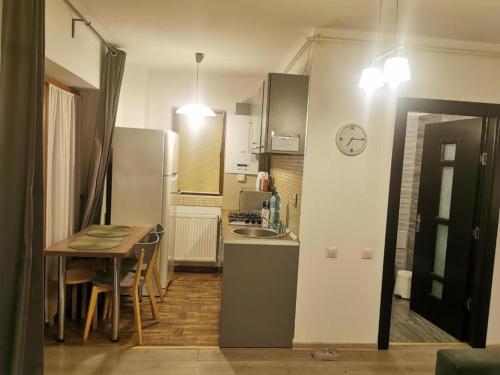 锡纳亚Apartament Aosta Central Sinaia的一间带桌子和冰箱的小厨房