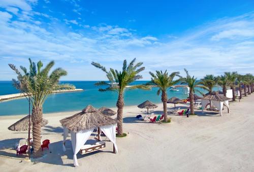 JawwJaw Resort & Spa的棕榈树和遮阳伞的海滩和海洋