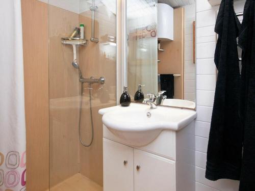 希茨海尔斯Three-Bedroom Holiday home in Hirtshals 4的一间带水槽和淋浴的浴室