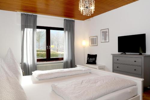 WenholthausenWrede的一间卧室设有一张床、一台电视和一个窗口。
