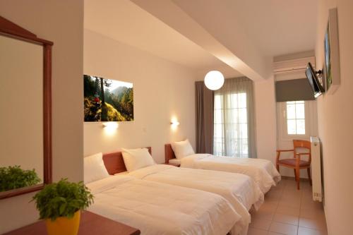 里托楚伦奥林匹斯山德罗索斯别墅酒店的酒店客房设有两张床和一张桌子。