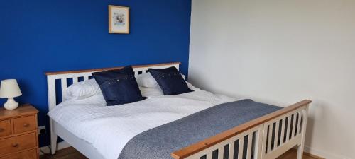 金斯布里奇Merrifield House Devon的一间卧室配有一张蓝色墙壁的床