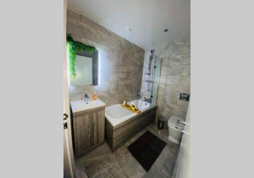 唐克斯特Doncaster City Centre Deluxe Whole Apartment sleeps 4 D19的带浴缸、水槽和镜子的浴室