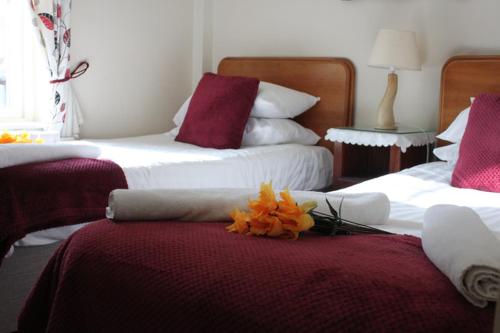 克朗梅尔芬尼斯酒店的一间卧室配有两张红色和白色的床