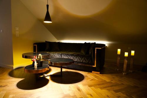 米卢斯Magnifique Villa le89golden jacuzzi et sauna privatif的客厅配有两张桌子和一张沙发