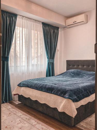 布加勒斯特Calea Crângași的一间卧室配有一张带蓝色床单的床和一扇窗户。