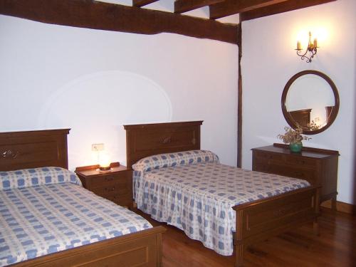 莱昆韦里Casa Rural Barbonea的一间卧室配有两张床和镜子