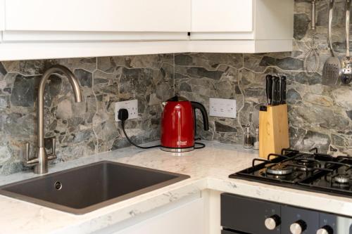 特里姆Boyne View House的厨房柜台在炉灶上配有红茶壶