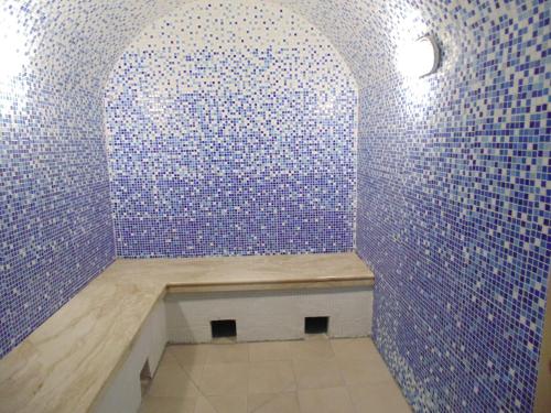 特维尔Sanatoriy Bobachevskaya Roshcha的蓝色瓷砖墙面上设有长凳的房间