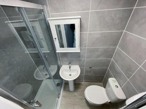 普里茅斯Victoria by Pureserviced的浴室配有卫生间、盥洗盆和淋浴。
